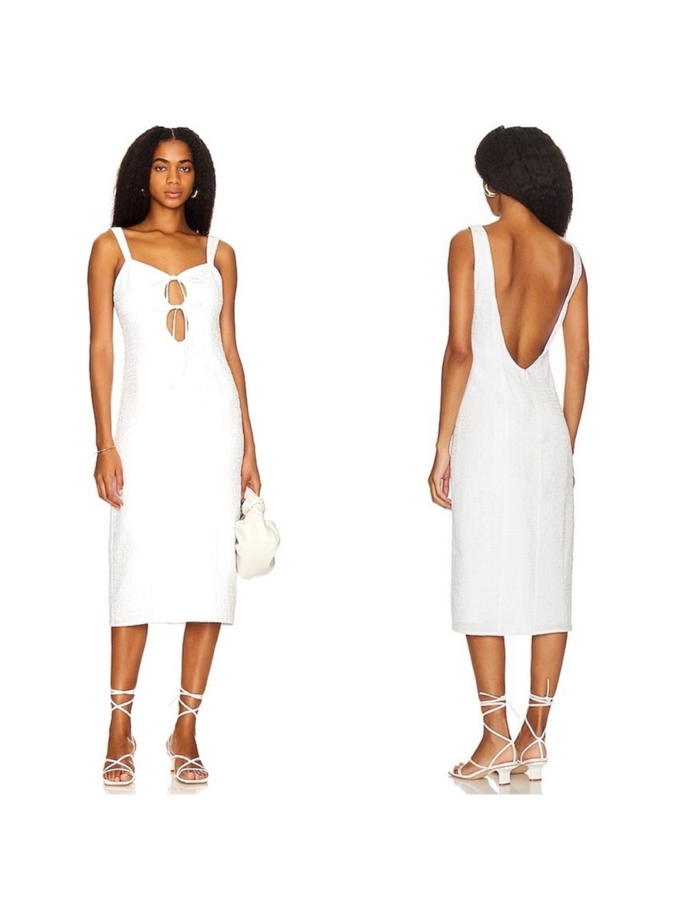 LPA White Midi Dress with Front Cutouts and Tie